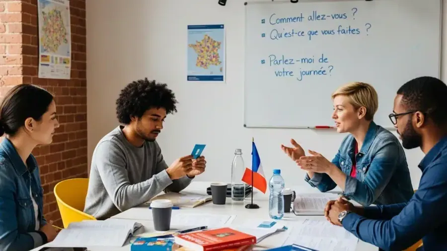 French conversation group in Vancouver: students practicing speaking with French elements in the room