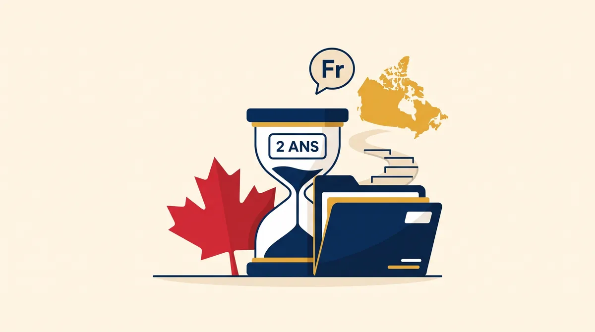 Illustration: an hourglass labelled 2 ans beside a maple leaf, showing TEF and TCF results count for two years