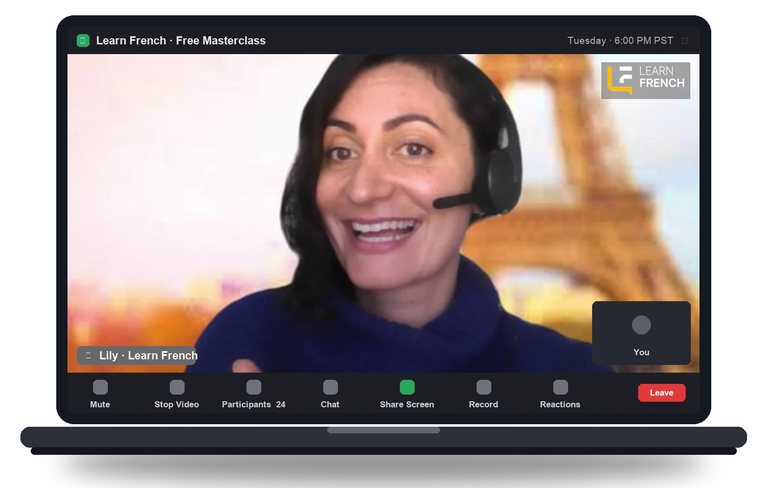 Lily hosting the free live French masterclass on Zoom
