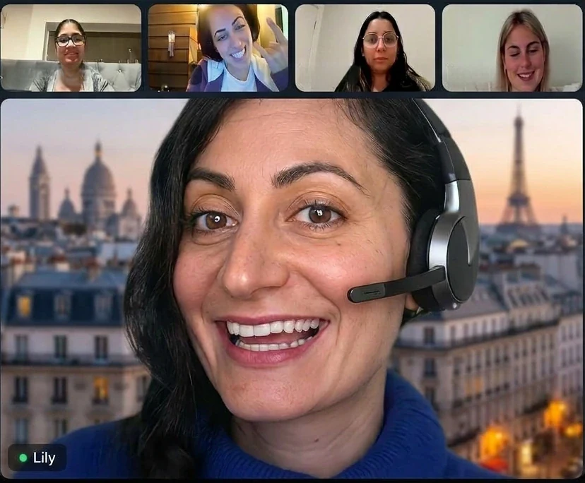 Lily hosting a Masterclass on Zoom, with four students in the room