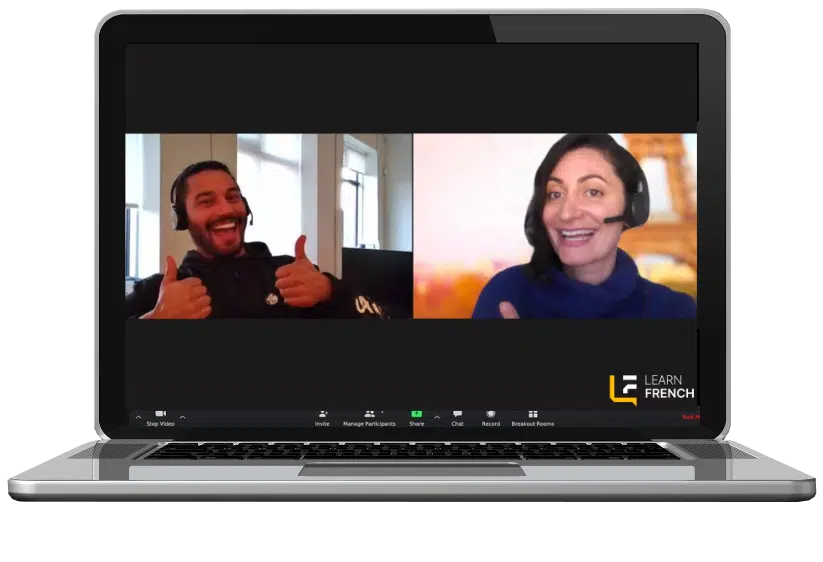 A student and their native French teacher talking in a live online class