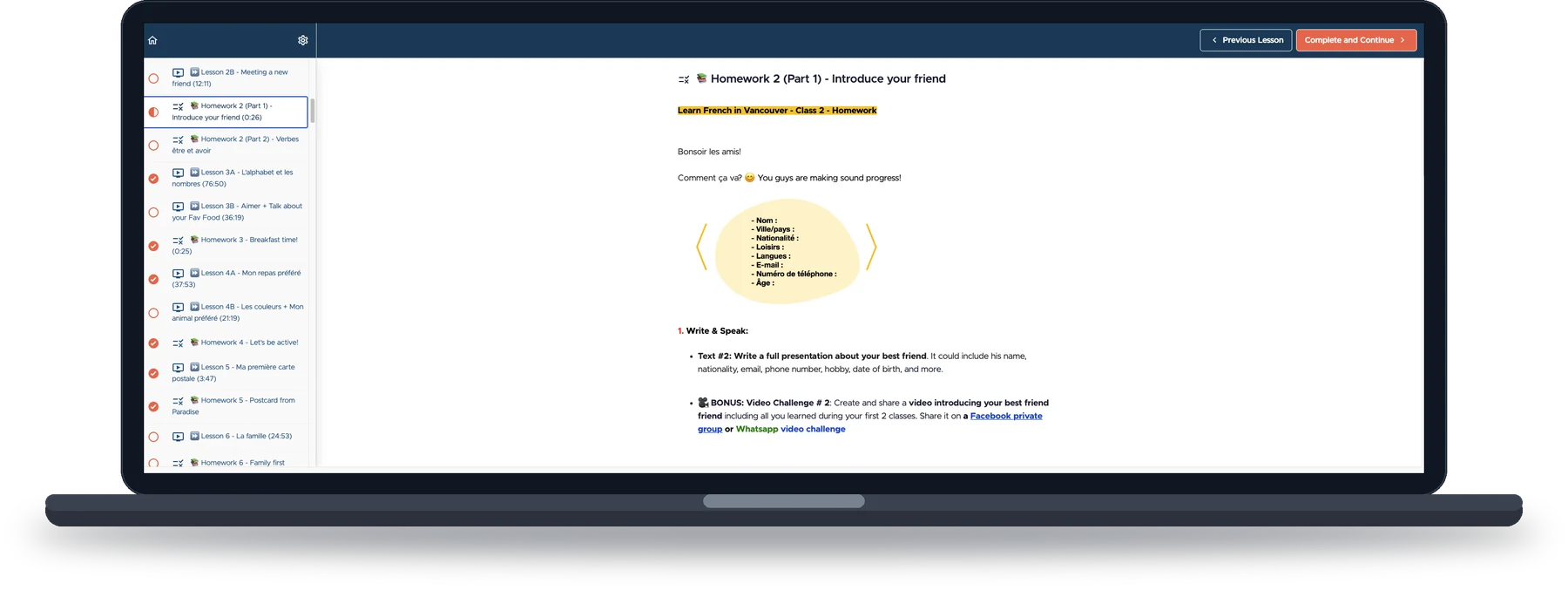 Inside the course: a real homework page with a guided writing prompt
